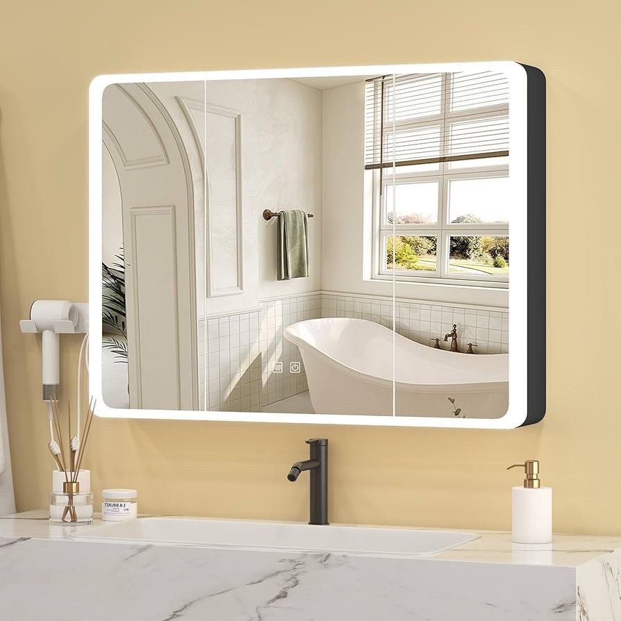 JBLCC Lighted Medicine Cabinet with Mirror Lights (Fully Assembled), 35.4 x 27.56 Inch LED Bathroom Mirror with Storage, Smart Anti-Fog, 3-Panel Alumi