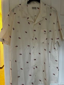 Life is Good, white short sleeve button down shirt with American flags, Size XL