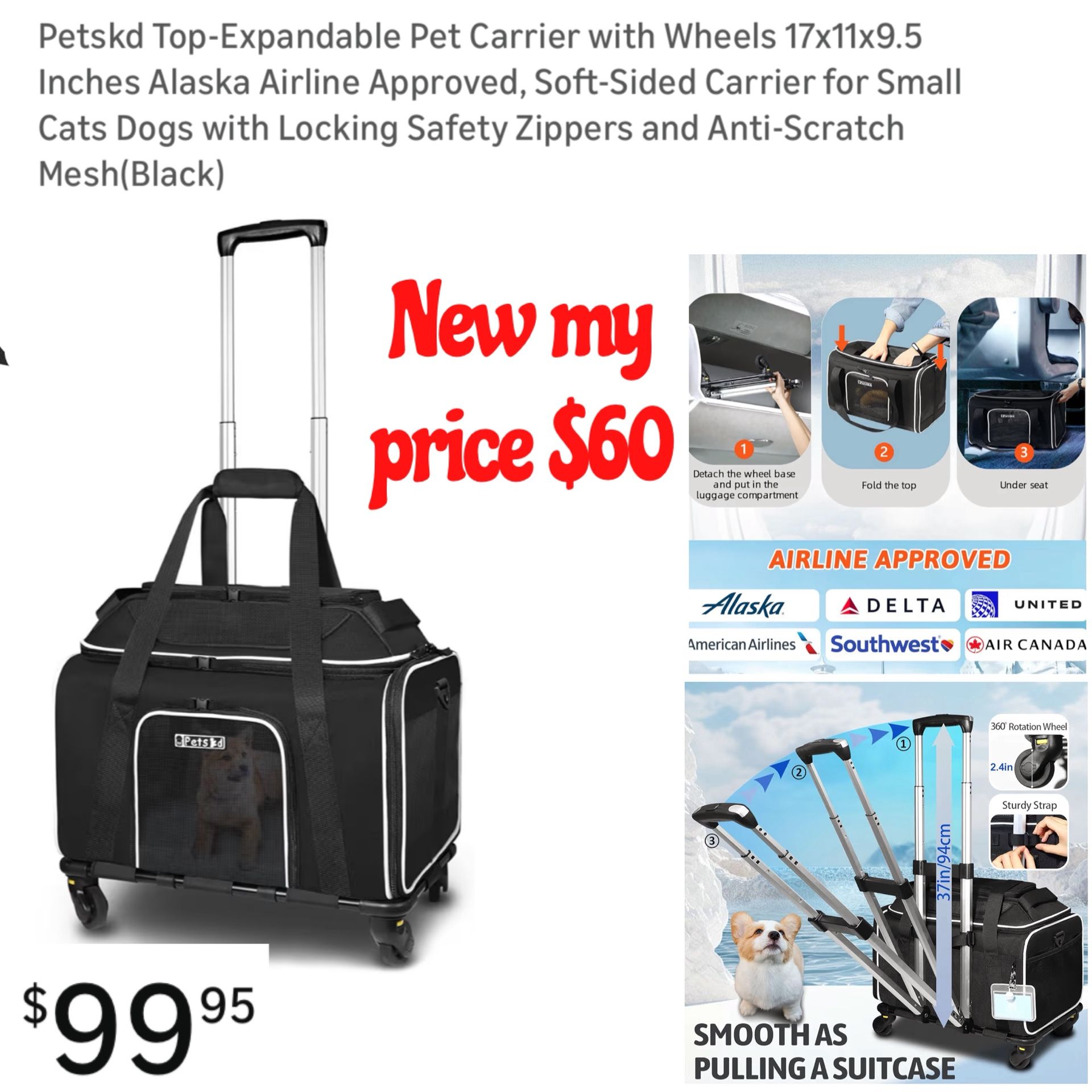 New Petskd Top-Expandable Pet Carrier with Wheels 17x11x9.5 Inches Alaska Airline Approved, Soft-Sided Carrier for Small Cats Dogs with Locking Safety