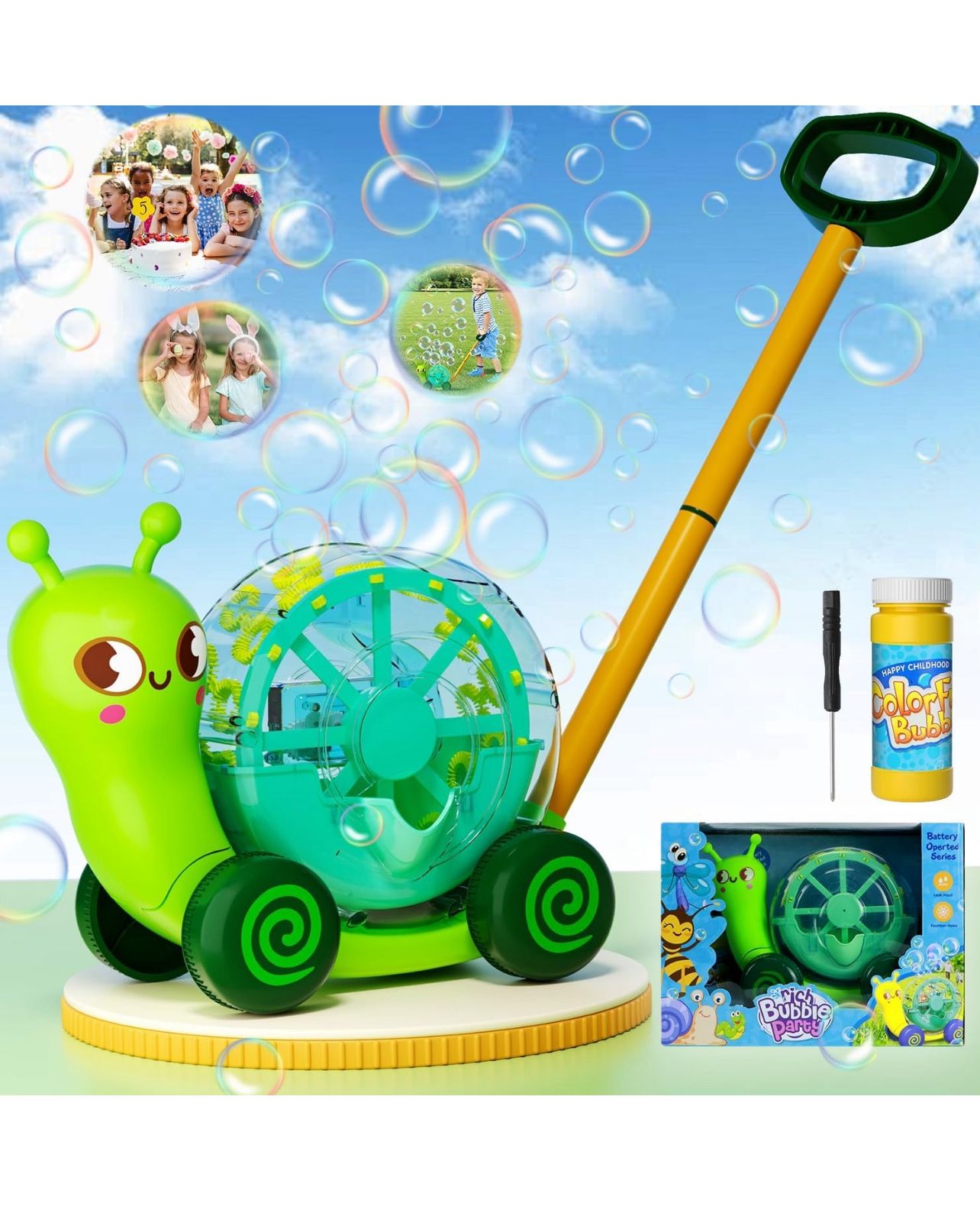 Brandnew Snail Bubble Mower Toy for Kids(Age 3 up) – Includes 4oz Bubble Solution, Outdoor Bubble Machine for Kids, Light-Up 3D Push Bubble Machine