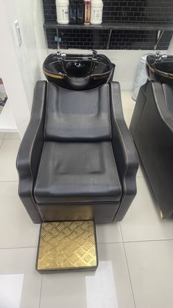 Brand New Salon Shampoo Backwash Station – $440  Professional black & gold shampoo chair with ceramic wash bowl. Brand new, never used.  Includes:  * 