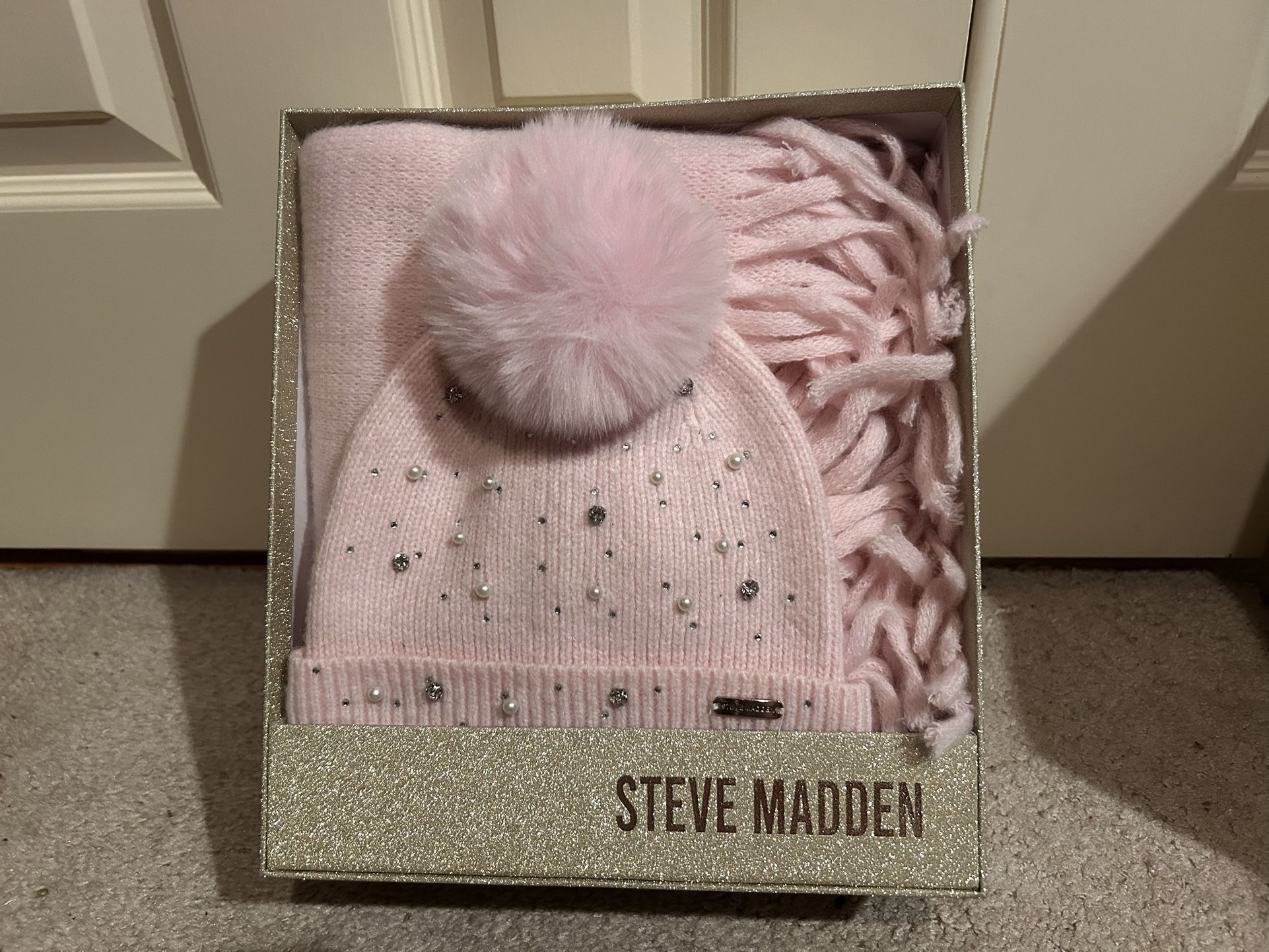 Blush, Light Pink, Steve Madden Scarf/Wrap and Winter Hat Set with bling and jewels. Cozy. Classy.