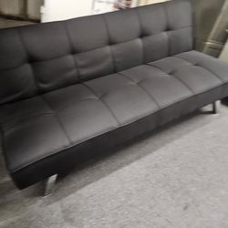 Brand New Black Faux Leather Sofa Futon (Up: 66" x 32" x 30" H; Flat: 66" x 37" x 16" H)