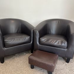 Small Leather Chairs (Set Of 2) W/ Foot Stool