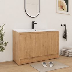 48" Natural Wood Freestanding Bathroom Vanity w/ Cabinet Storage w/ Soft-Closing Doors & Ceramic Sink  (FAUCET NOT INCL.)  [NEW] **Assembly Required**