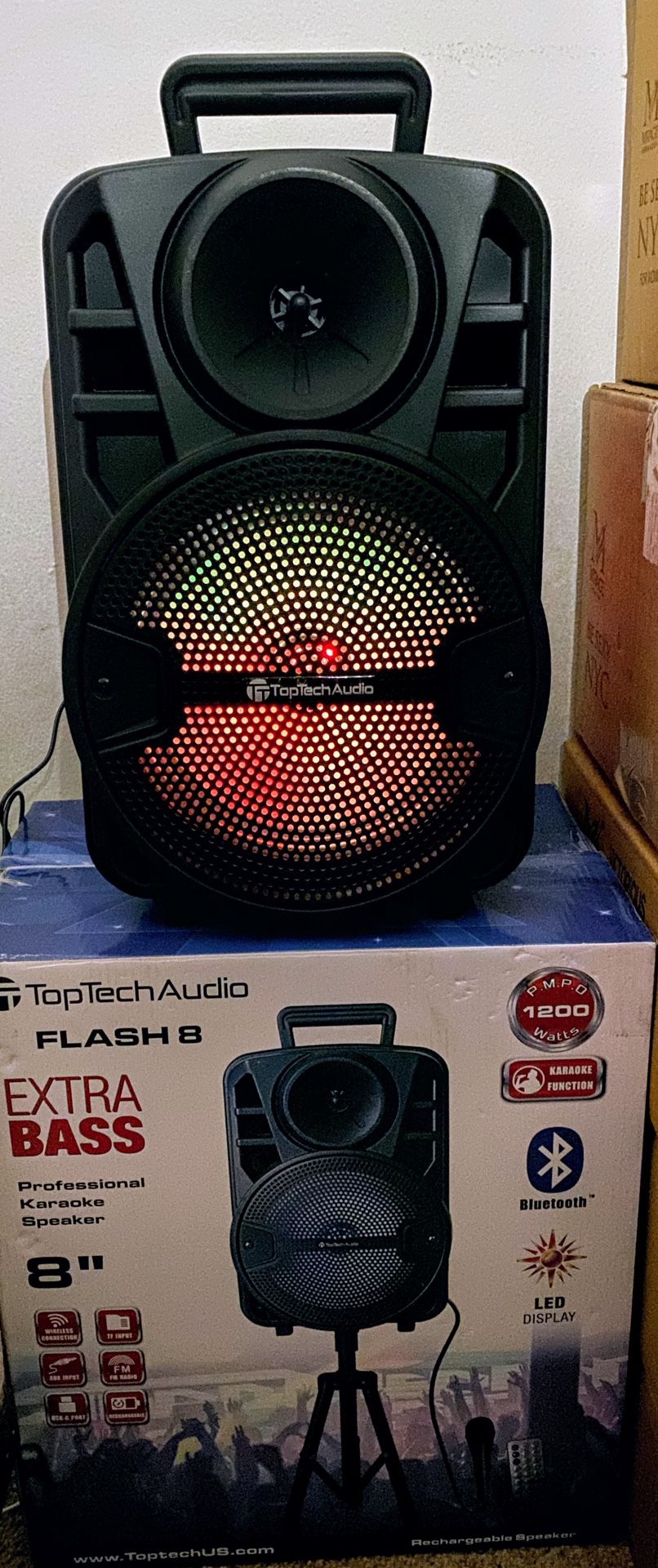 bluetooth speaker 1200 watts 8” with stand microphone controls