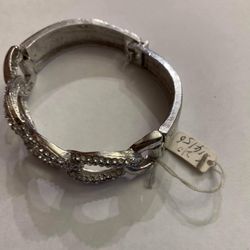 Silver Tone Rhinestone Bling Hinged Bangle Bracelet