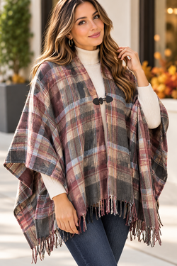 Women's Plaid Poncho Cape Wrap – Dusty Rose Gray Fringe Shawl