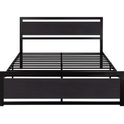 Black Metal and Wood Bed Frame Queen Size