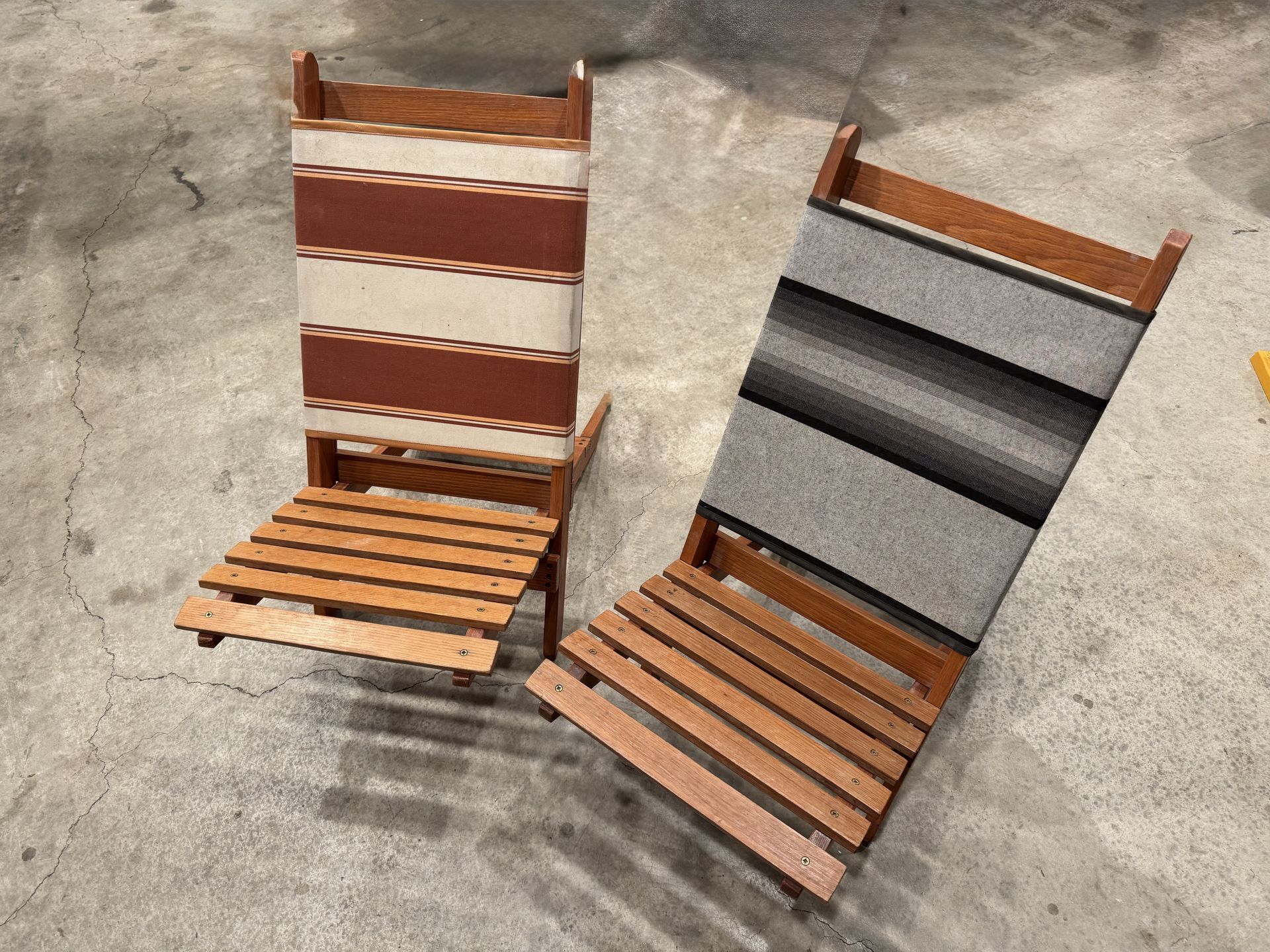 Pair of vintage wooden low-profile kids child’s folding beach chair