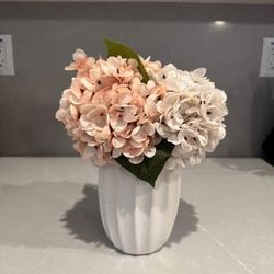 Blush & Ivory Hydrangea Arrangement in Ribbed Vase