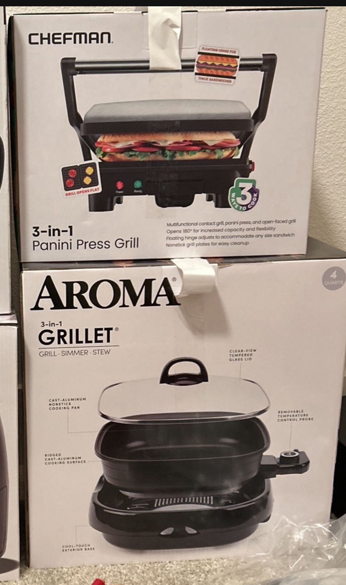 Grill Skillet, Rainfall Shower Head, Rice Cooker, Panini Grill, Neck Massager, Pots and Pans, Step Stool $20 Each