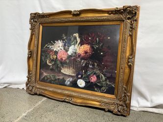 Ornate Carved Wooden Antiqued Gold Frame with Still Life Print