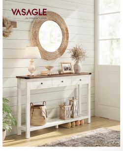 Console Sofa Table, Narrow Entryway Table with 3 Drawers, Open Storage Shelf, Metal Corners, for Living Room, Farmhouse Style, Honey Brown and Rustic 