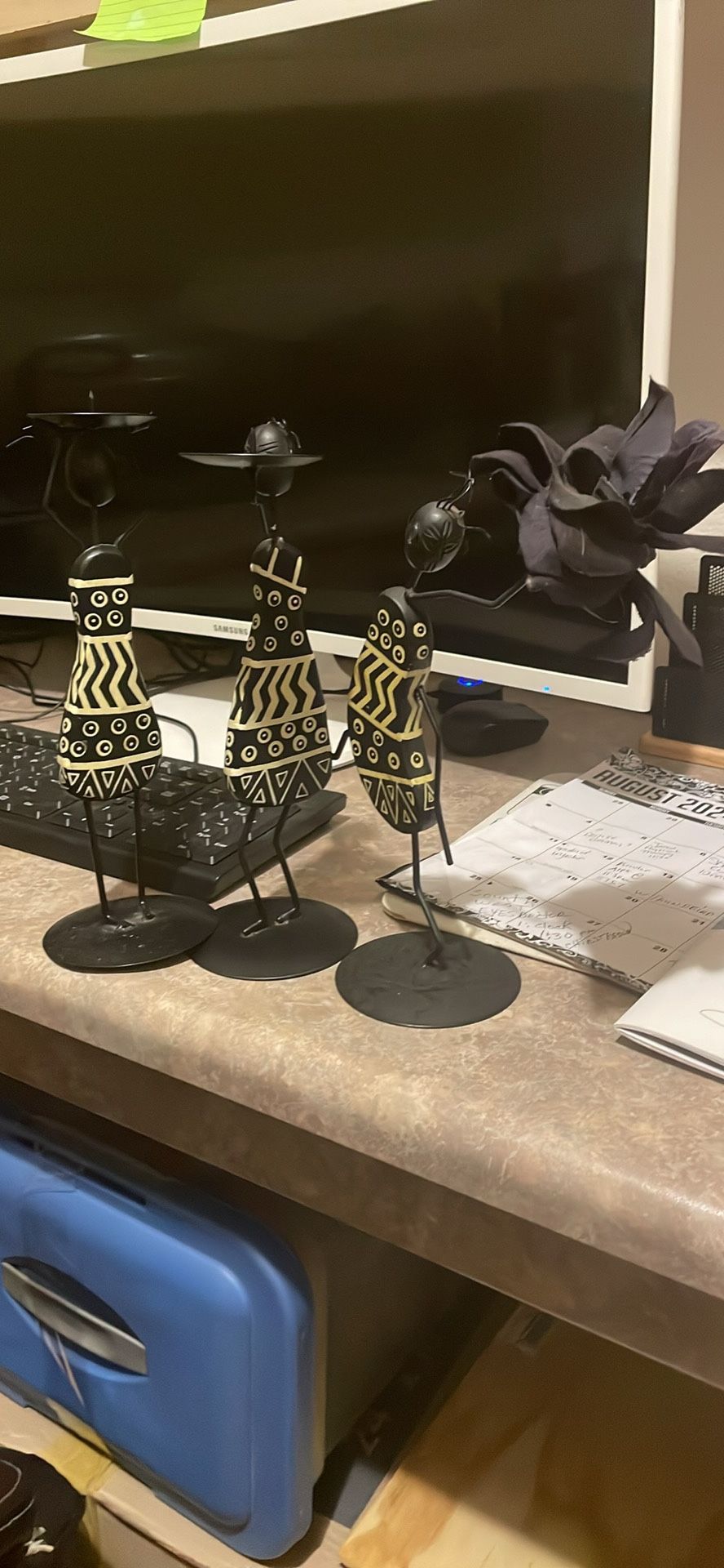 Wrought Iron wood Pillar Candle Holders African women statue black & white