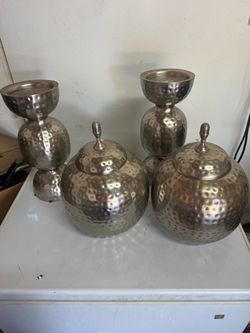 4-Piece Hammered Silver Metal Home Decor Set – Candle Holders & Jars
