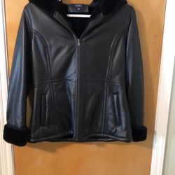 Leather jacket with hood