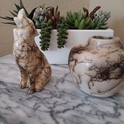 Pair Of Navajo HorseHair Pottery Beautiful Pieces. Vessel and Coyote. Both Signed, Perfect Condition