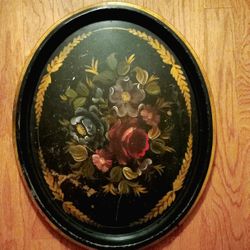 Vintage Oval Tole Tray Hand Painted  Metal Serving Table Tray W/ Floral