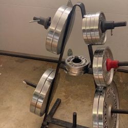 Chrome Plates Olympic Weight(253lb) + Weight Tree + Barbell
