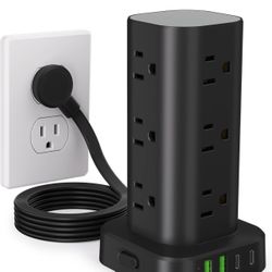Power Strip Tower with Multiple Outlets, Flat Plug Surge Protector Tower Extension Cord with 12 AC Outlets 4 USB Ports (2 USB C), 6FT Cord Power Tower