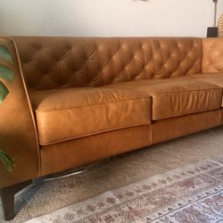 POLY & BARK Essex 89” Full-Grain Italian Leather Sofa – Tufted Back, Feather-Down Comfort, Solid Wood Frame, Cognac Tan