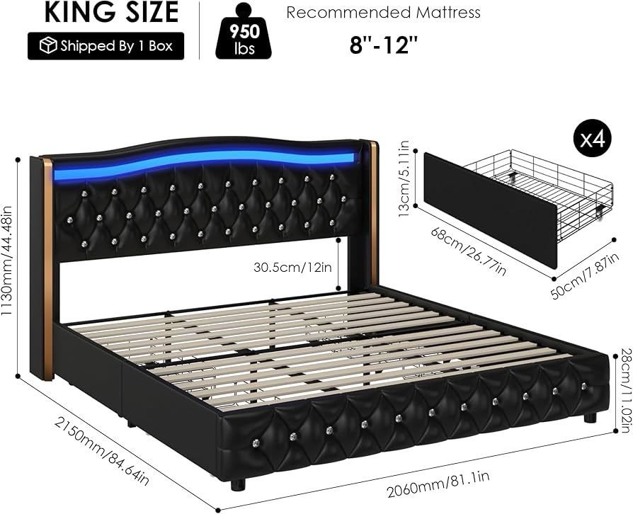 King Smart LED Platform Bed Frame with 4 Storage Drawers and Crystal Button-Tufted Wingback Headboard, Soft Modern PU Upholstered Bed Frame
