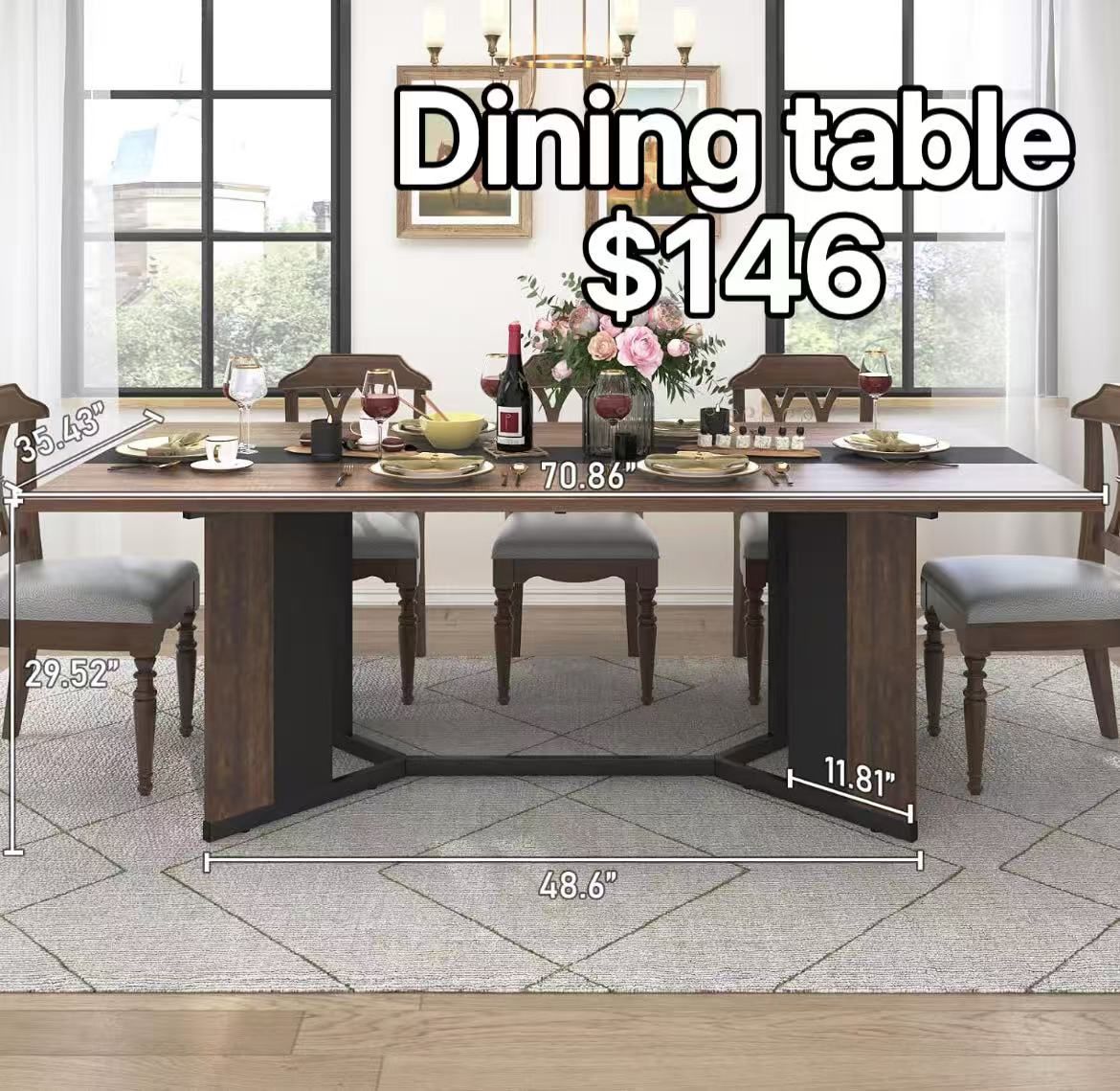 😀 71 Inch Dining Table for 6 People,Modern Brown Rectangular Kitchen Table W/Waterproof Wood Tabletop,Farmhouse Long Dining Room Tables W/Adjustable