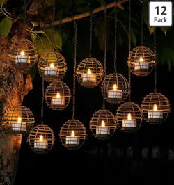 Large Solar Lights Outdoor Hanging Lanterns 12 Pack, Rustic Iron 4.3" Ball Solar Tea Lights