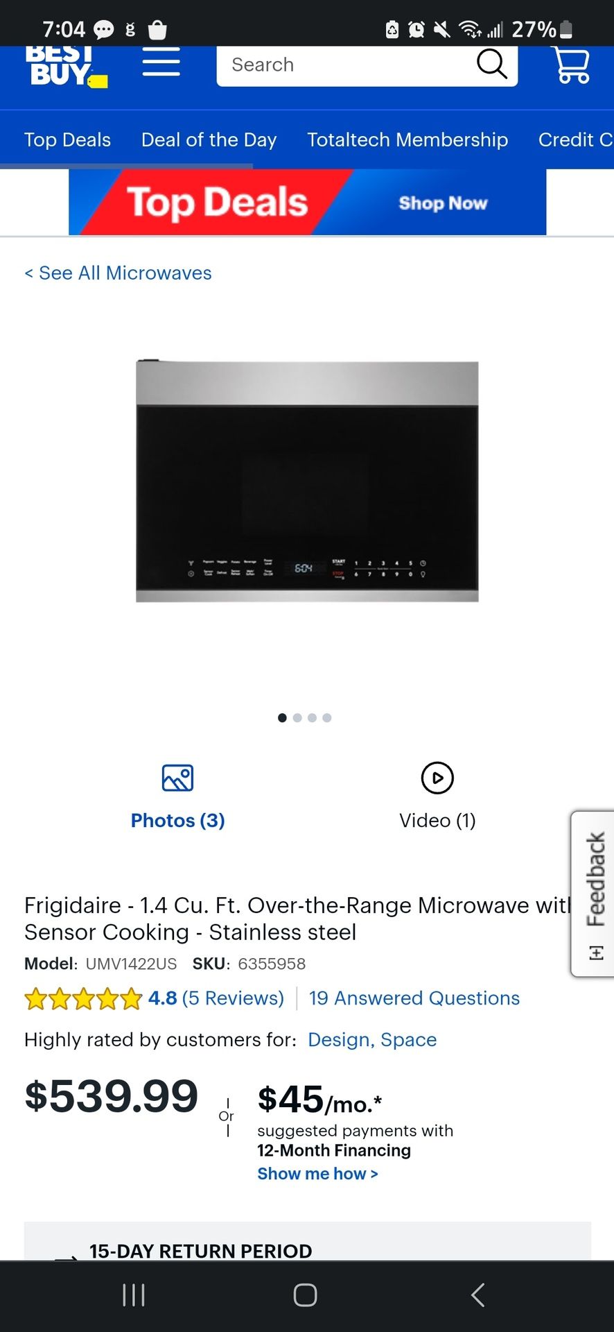 Frigidaire Above Range Microwave