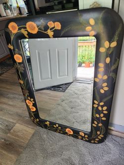 Vintage Hand-Painted Floral Beveled Mirror Made in Hong Kong