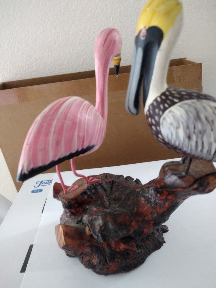 Brand New Flamingo And Pelican Wood Carved Figurine