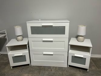 White Dresser and Night Stands with Frosted Drawers