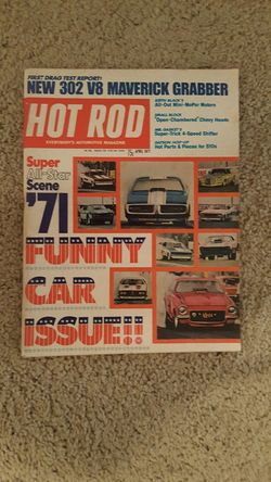 April 1971 Hot Rod Magazine FUNNY CAR issue, 302 V8 Maverick Grabber, Datsun