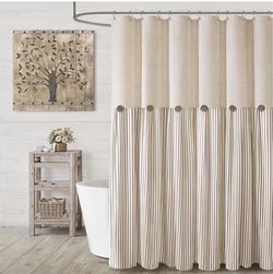 Farmhouse Striped Shower Curtain with Button Detail