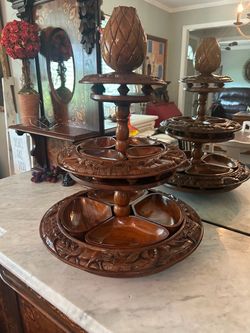 Vintage Mid Century Modern Tiki Monkey Pod Three Tier Lazy Susan Server