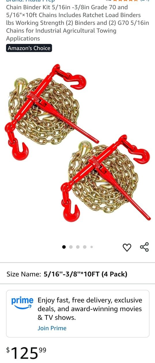 Chain Binder Kit 5/16in -3/8in Grade 70 and 5/16"×10ft Chains Includes Ratchet Load Binders lbs Working Strength (2) Binders and (2) G70 5/16in Chains