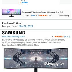 SAMSUNG 49” Odyssey G9 Gaming Monitor, 1000R Curved Screen, QLED, Dual QHD Display, 240Hz, NVIDIA G-SYNC and FreeSync Premium Pro, LC49G95TSSNXZA