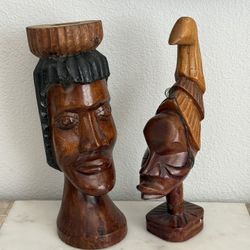 Pair of Vintage Hand Carved African Tribal Wooden Bust Sculptures