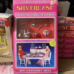 Vintage Doll house table settings Silvercast and microwave sets. original packaging. New old stock.
