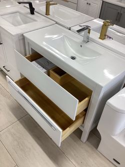 40” White Bathroom Vanity with Integrated Sink solid wood fully assembled Softclose drawers ready for