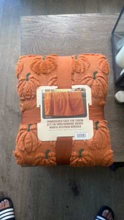 Embroidered faux fur throw pumpkins
