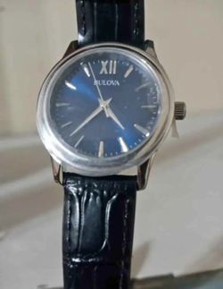 New Bulova Blue Dial Watch Black Leather Womens Silver Color 96L287 Women's