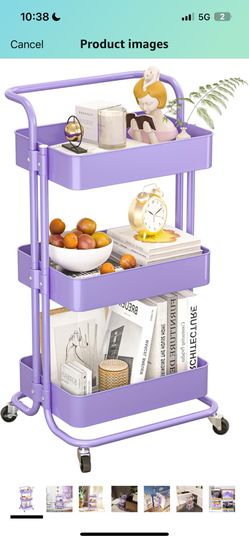 Mzzelry Purple 3 Tier Rolling Metal Utility Cart