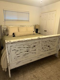 Distressed White Wood Sleigh Bed Frame