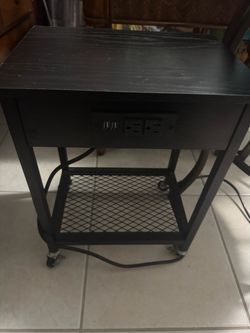 Black Rolling Side Table with Power Outlet and USB Ports
