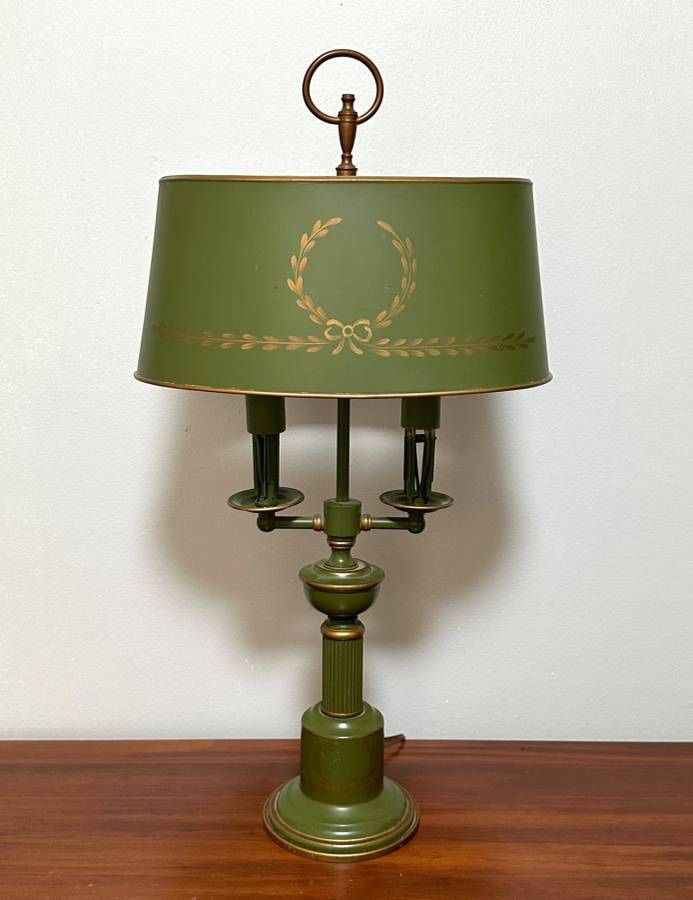 Vintage Metal Green And Gold Toleware Twin Lamp