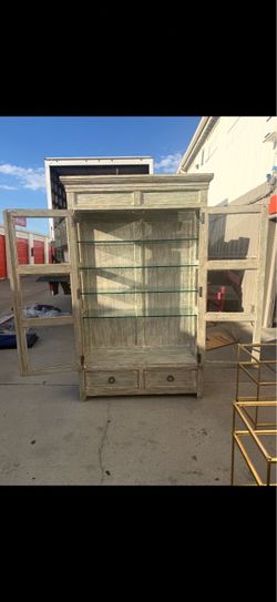 Whitewashed Wood Display Cabinet with Glass Shelves
