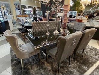 Black Glass Dining Table Set – Bench + 4 Chairs