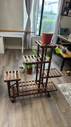 Multi-Tier Wooden Plant Stand with Wheels